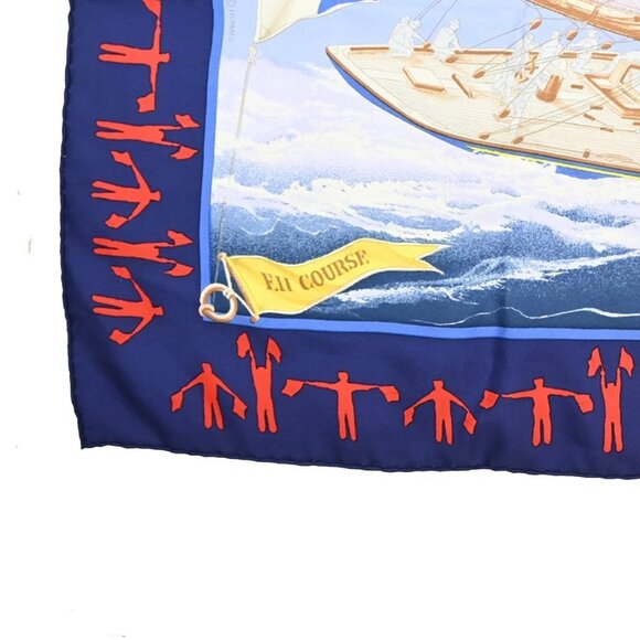 HERMES Logo XL "En Course" Carre 90 Scarf 100% Blue France 63RP008 - Picture 4 of 13